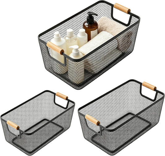 3Pcs Metal Wire Basket with Wooden Handle, Mesh Wire Storage Organizer Bins, 3 Sizes Multifunctional Rectangle Storage Containers for Kitchen Decor, Farmhouse,Pantry, Home