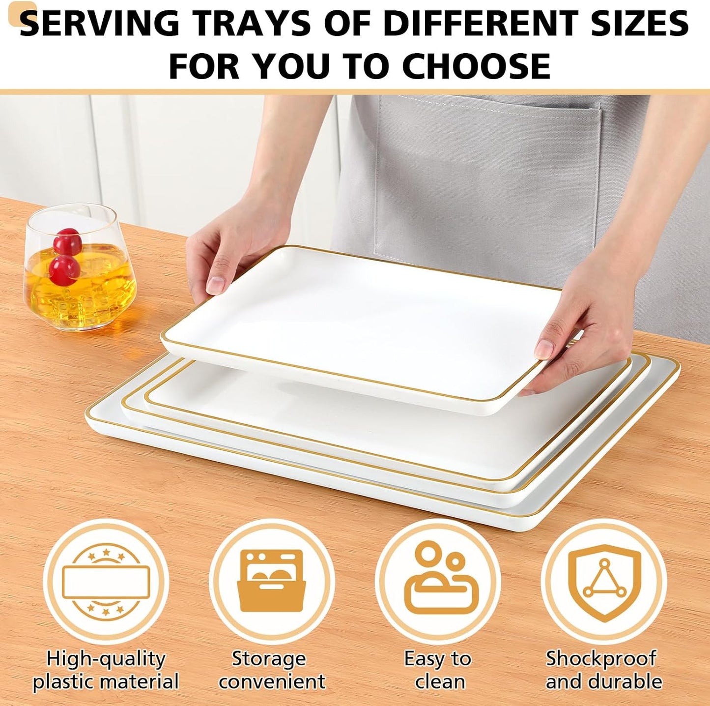Rtteri Set of 4 Large Serving Platter Set 15/14/13/12 Inch Heavy Plastic Serving Trays Unbreakable Rectangular Platter Reusable Wood Grain Tray for Buffet Wedding Christmas Party(Black and Red)