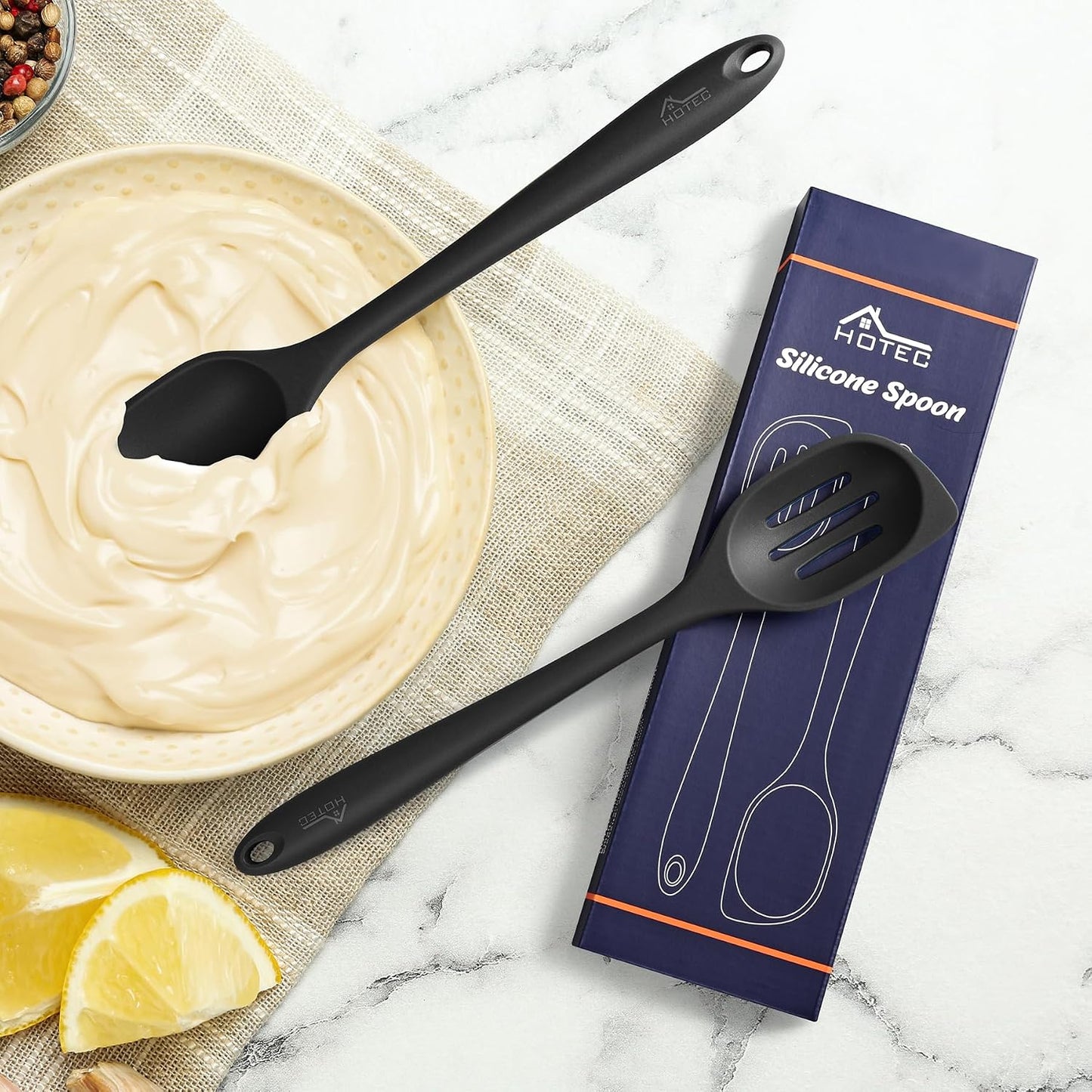 HOTEC 446°F Heat Resistant Silicone Cooking Spoon Spatula, BPA Free Large Kitchen Solid and Slotted Spoons for Mixing, Serving, Scraping, Non-stick, Dishwasher Safe Classic Blue 12.5inch
