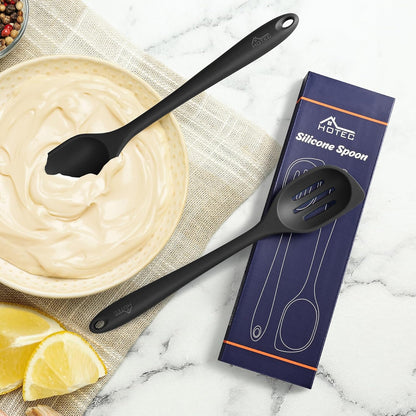 HOTEC 446°F Heat Resistant Silicone Cooking Spoon Spatula, BPA Free Large Kitchen Solid and Slotted Spoons for Mixing, Serving, Scraping, Non-stick, Dishwasher Safe Classic Blue 12.5inch