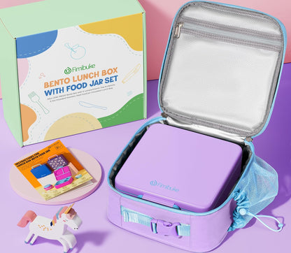 Fimibuke Kids Bento Lunch Box with Thermo, Leakproof Toddler Bento Box with 8.5OZ Insulated Food Jar, Lunch Bag & Utensils BPA Free Dishwasher Safe 3 or 4 Compartment Container for School Girls Boys
