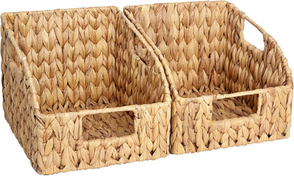 StorageWorks Water Hyacinth Pantry Storage Baskets, Wicker Baskets with Built-in Handles, Handwoven Shelf Baskets for Organizing, Pantry Organizers and Storage, 3 Pack