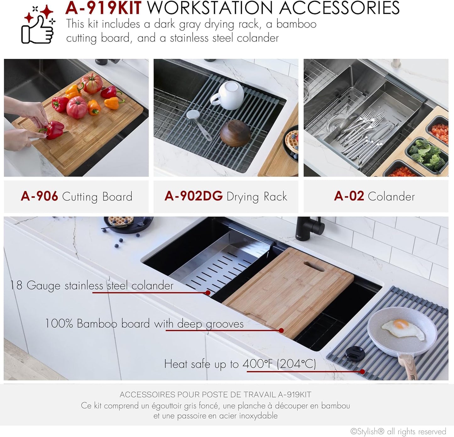 STYLISH Wotkstation Kitchen Sink Accessories Kit Included Stainless Steel Colander Over The Sink Drying Rack and Cutting Board, A-919KIT