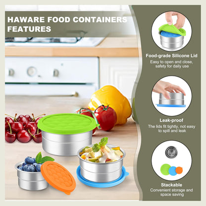 HaWare Stainless Steel Food Storage Containers with Silicone Lids, Leak-Proof Metal Snack Container, Round Lunch Box for Kids Adults, Stackable & Reusable Meal Prep Containers, Set of 3, Multicolor