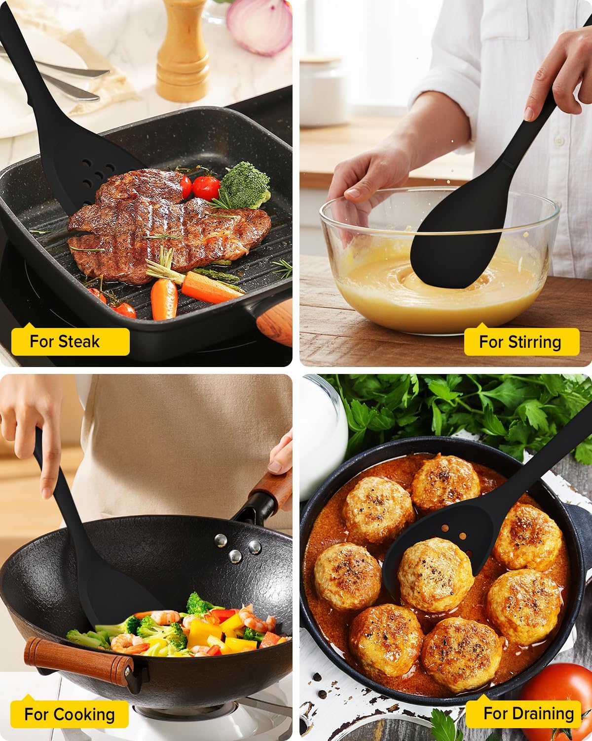 Silicone Cooking Utensils Set, 9 Pcs Heat Resistant Kitchen Utensils with Back Hooks, BPA Free Kitchen Tools with Spatulas, Spoons, Skimmer and Pasta Fork for Non Stick Cookware(KHAKI)