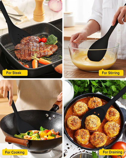 Silicone Cooking Utensils Set, 9 Pcs Heat Resistant Kitchen Utensils with Back Hooks, BPA Free Kitchen Tools with Spatulas, Spoons, Skimmer and Pasta Fork for Non Stick Cookware(KHAKI)