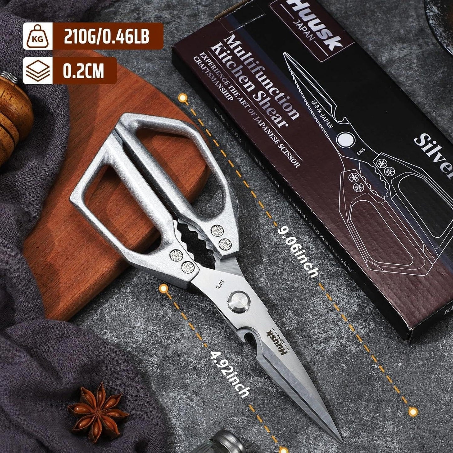HUUSK Kitchen Scissors All Purpose - Stainless Steel Kitchen Shear, Sharp Silver Meat Scissors Dishwasher Safe, Heavy Duty Poultry Shears, Japanese Cooking Scissor for Food, Christmas Gifts for Women