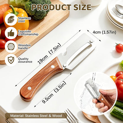 Left & Right Hand Vegetable Peeler Set with Scallion Slicer & Bottle Opener, Heavy-Duty Thick Stainless Steel Blade, Multi-Function Kitchen Peeler with Wooden Handle for Fruits & Vegetables(New 2pcs)