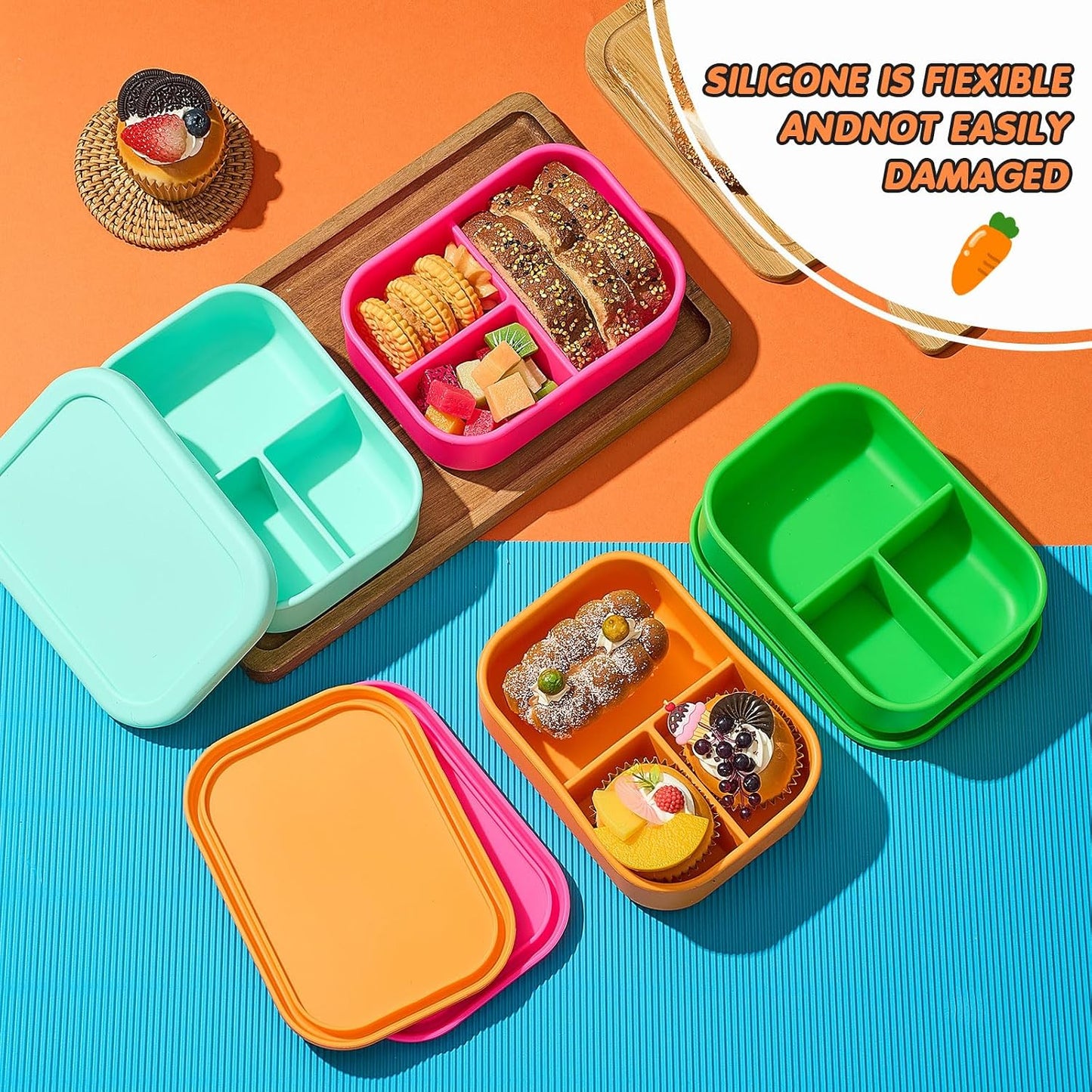 Layhit 4 Pcs Silicone Bento Box for Adults, 27 oz Bento Lunch Container Reusable 3 Compartment Lunchable Food Container for Women Men, Leak Proof Microwave Dishwasher Freezer Safe (Cool Colors)