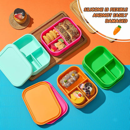Layhit 4 Pcs Silicone Bento Box for Adults, 27 oz Bento Lunch Container Reusable 3 Compartment Lunchable Food Container for Women Men, Leak Proof Microwave Dishwasher Freezer Safe (Cool Colors)