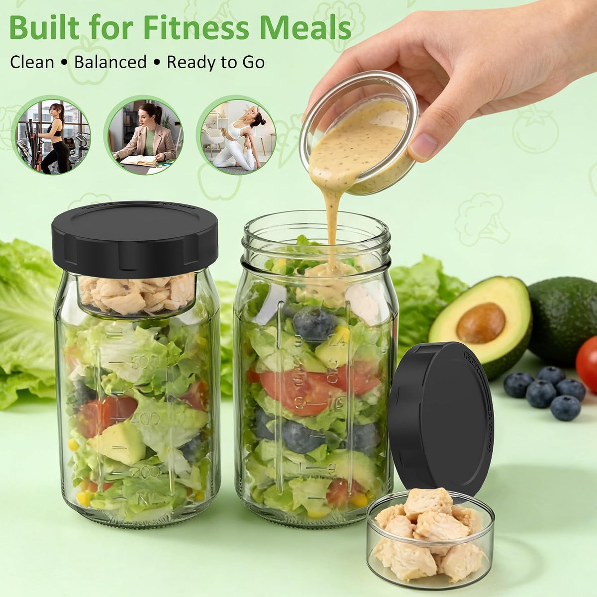 4Pack Glass Salad Jars with Lids, 32oz Salads Mason Jars with Wet/Dry Separation Cup, Meal Prep Salad Containers for Lunch, Leakproof Wide Mouth Food Storage Containers, BPA-Free Reusable (Black)