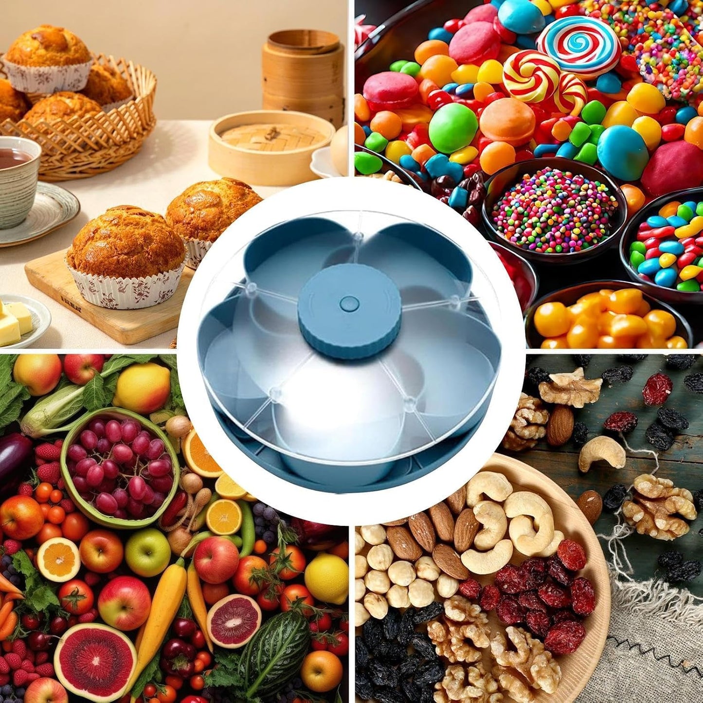 Divided Serving Tray Thats Spins | Spins Snackle Box Container | 5 Compartments Rotating Snack Spinner Serving Tray with Lid | Snack Organizer Appetizer Fruit Servings Trays for Partys, Kitchen