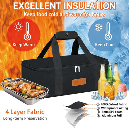 LHZK Insulated Casserole Carriers for Hot or Cold Food, Lasagna Holder Tote for Potluck Parties, Beach, Picnic, Travel, Fits 11x15 or 9x13 Dish (Black)