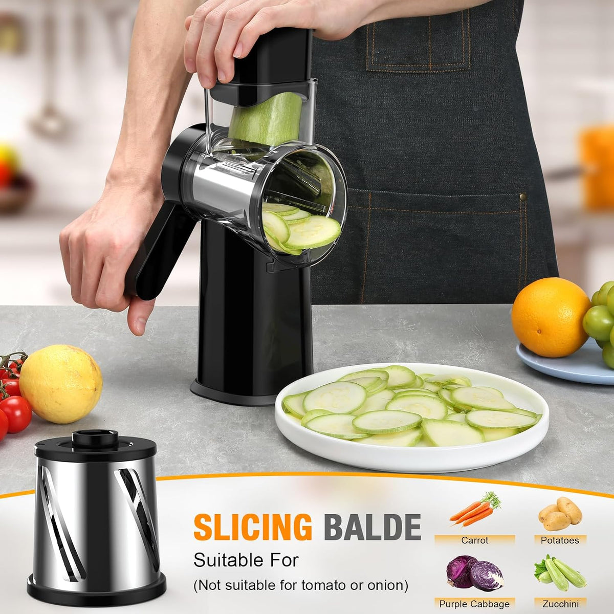 Ibergrif Rotary Cheese Grater Hand Crank– Manual Vegetable Slicer Mandoline with Foldable Handle, Rotary Grader with 3 Interchangeable Blades, Manual Cheese Shredder with Suction Base