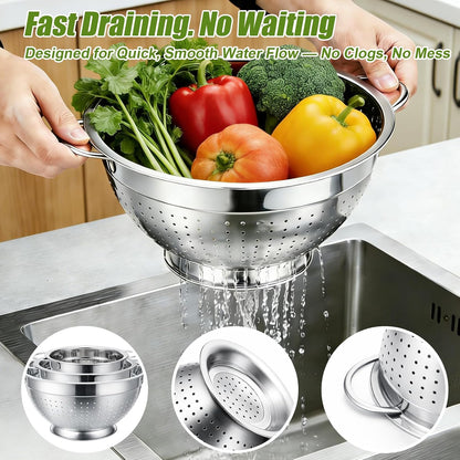 Palksky Stainless Steel Colander Set with Self-Draining Base, 3 Sizes Colanders & Food Strainers for Pasta, Rice, Fruits & Veggies, Metal Colander with Draining Plate for Sink or Countertop