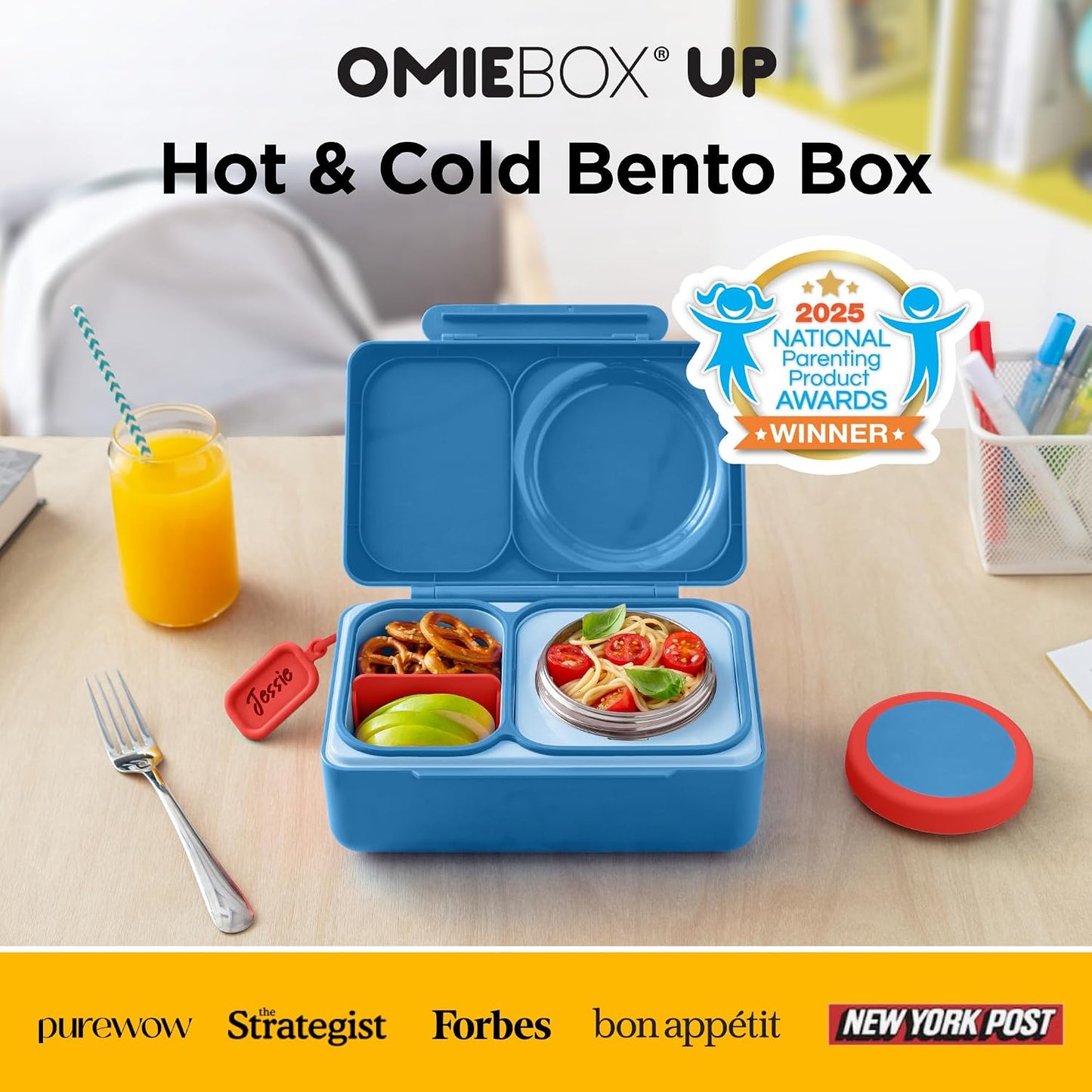 Omie OmieBox UP bento Box for Kids | Insulated Lunch Box | Leak Proof Vacuum Insulated Thermal Food jar | Cooler ice Pack | 2 Compartments (Cherry Pink)