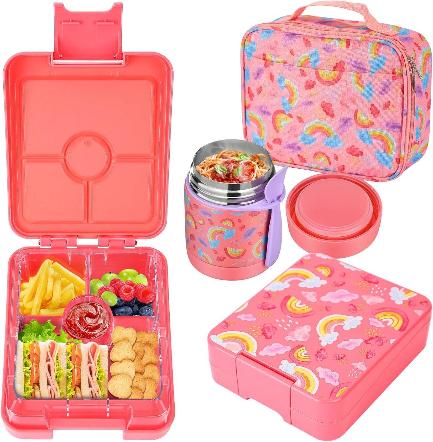 Bento Lunch Box Set for Kids with 10oz Soup Thermo, Leak-Proof Lunch Containers with 4 Compartment, Kids Thermo Hot Food Jar and Insulated Lunch Bag for Kid to School,BPA-Free(Dragon)