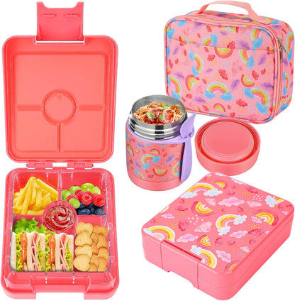Bento Lunch Box Set for Kids with 10oz Soup Thermo, Leak-Proof Lunch Containers with 4 Compartment, Kids Thermo Hot Food Jar and Insulated Lunch Bag for Kid to School,BPA-Free(Dragon)