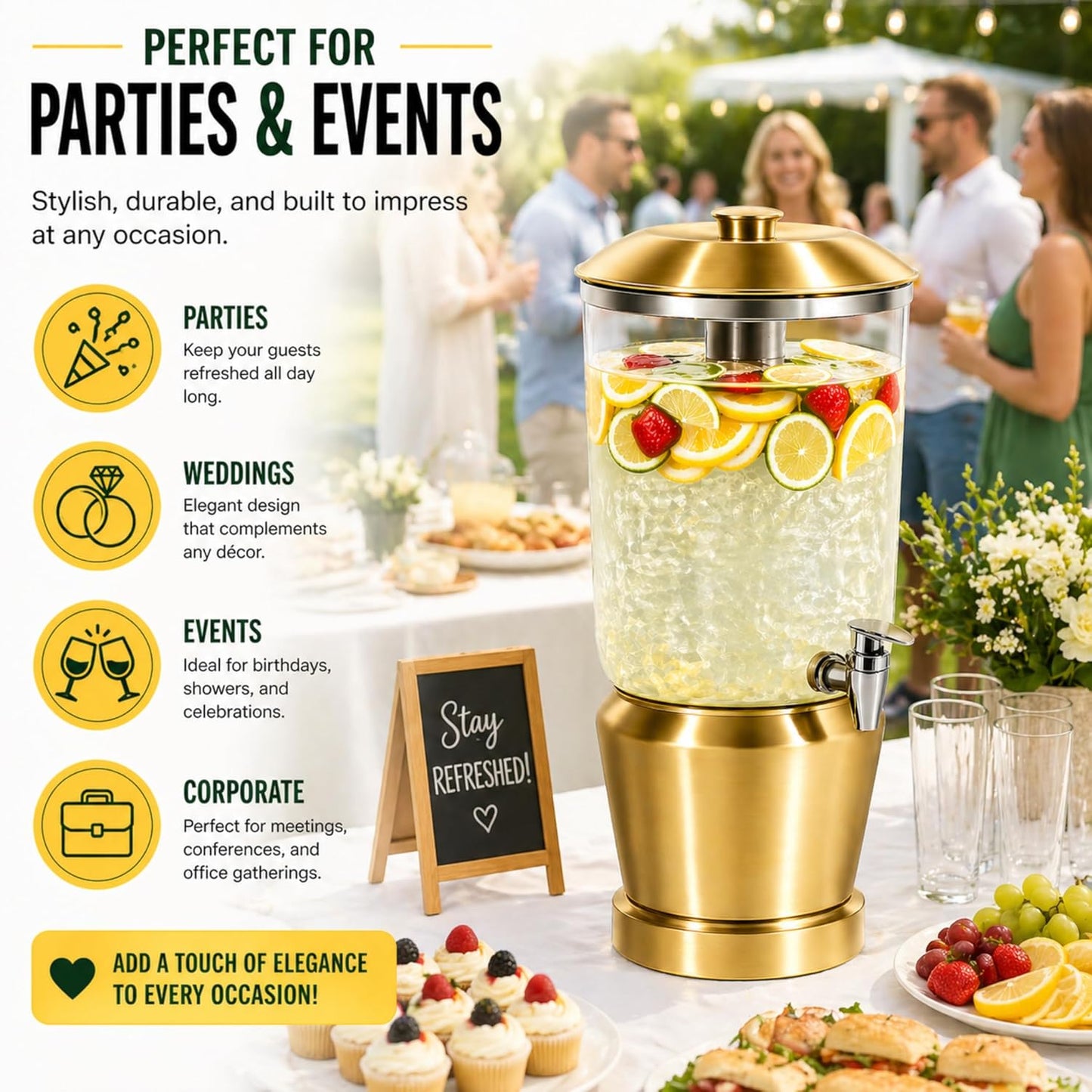 Drink Dispenser with Ice Chambers, Lemonade Tea Water Dispenser with Spigot, Stainless Steel Beverage Jar Jug, Perfect for Home Parties, Weddings, Gifts & Events (Gold, 3, Gallons)