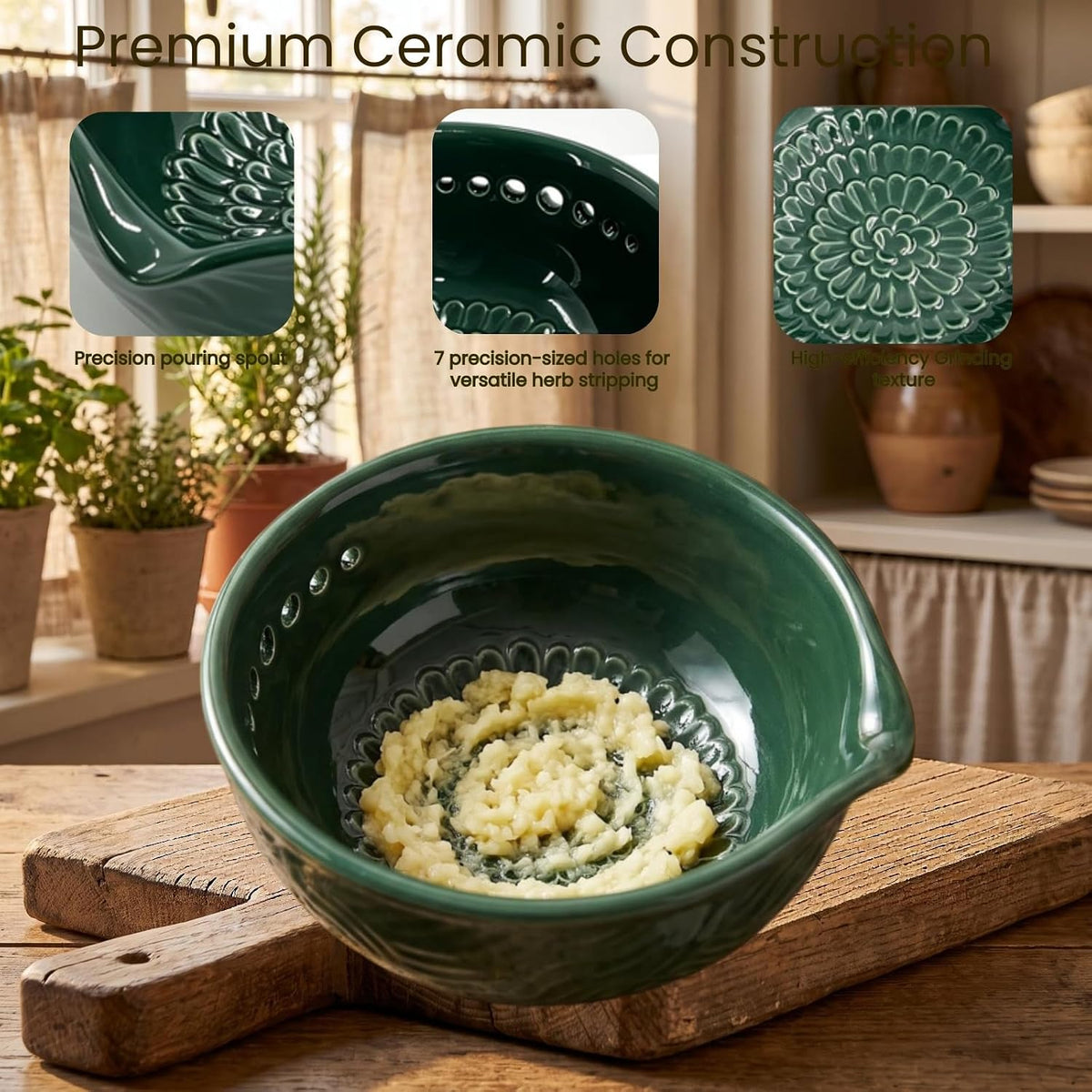Ceramic Ginger Grater Bowl with Herb Stripper- Efficient Kitchen Tool