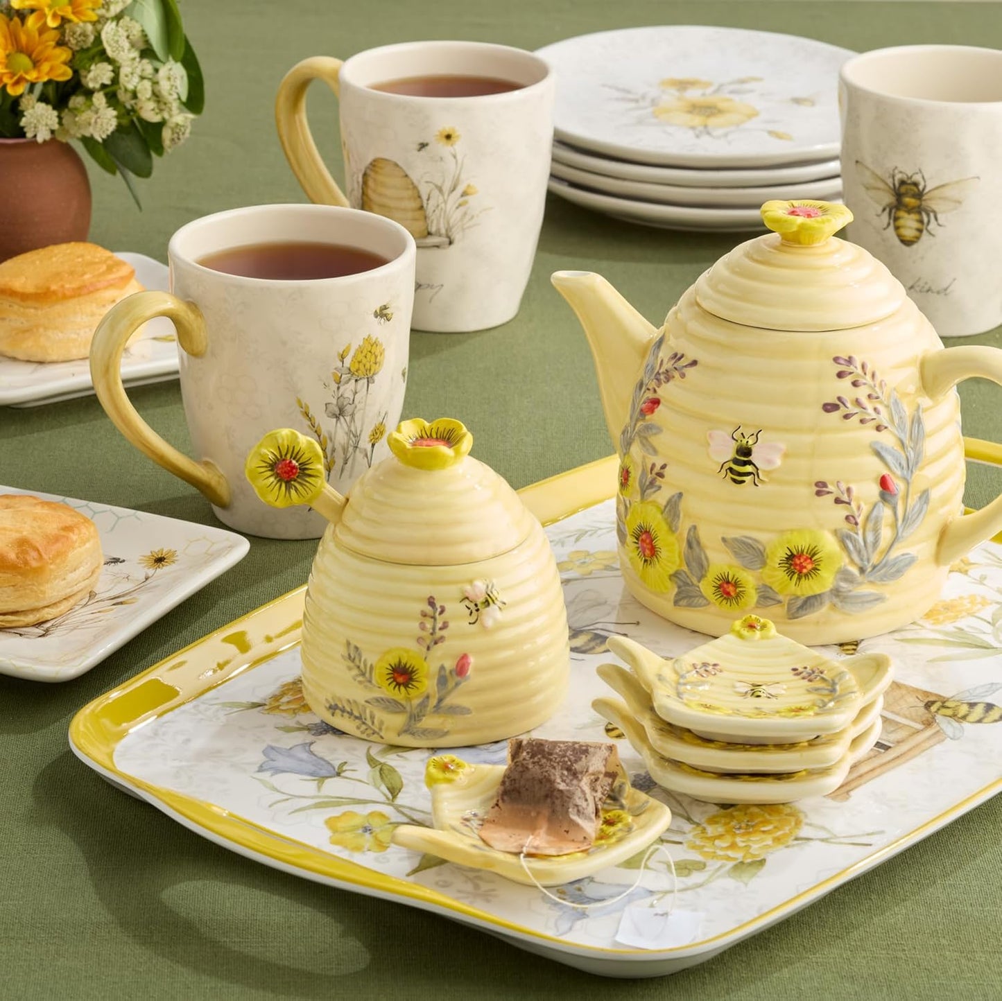 Bee Sweet 3-Piece Melamine Serveware Set – Includes 14.5" Chip & Dip, 14.5"x5.75" 3-Section Tray & 19"x8" Platter with Bee & Floral Designs for Spring Entertaining & Outdoor Dining