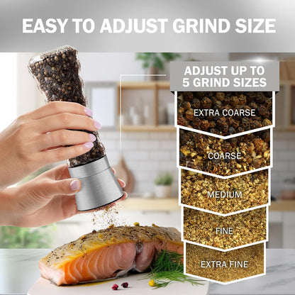 Home EC Premium Stainless Steel Sea Salt and Pepper Grinder Set of 2 - Adjustable Ceramic - Tall Glass Salt and Pepper Shakers - Kitchen Spice Mill W/Funnel & EBook