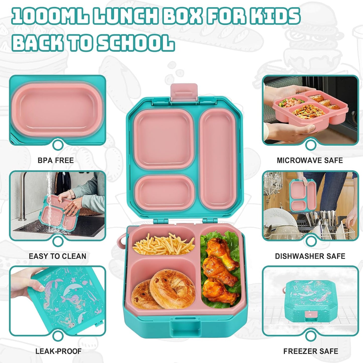 Itslife Bento Lunch Box Set for Kids with 12oz Soup Thermo&Lunch Bag, Leak-Proof Lunch Food Containers for Kids School, 5 Compartment, Sauce Cup, 10 Notes (Dinosaurs Black)