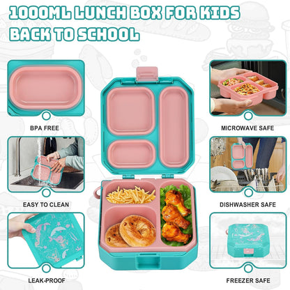 Itslife Bento Lunch Box Set for Kids with 12oz Soup Thermo&Lunch Bag, Leak-Proof Lunch Food Containers for Kids School, 5 Compartment, Sauce Cup, 10 Notes (Dinosaurs Black)