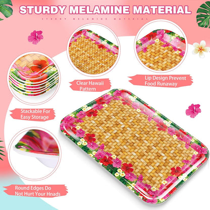 Rtteri 6 Pcs Hawaiian Luau Party Serving Trays 13" x 10" Reusable Plastic Tropical Melamine Dishes for Hawaii Luau Party Summer Platters Tableware Decoration