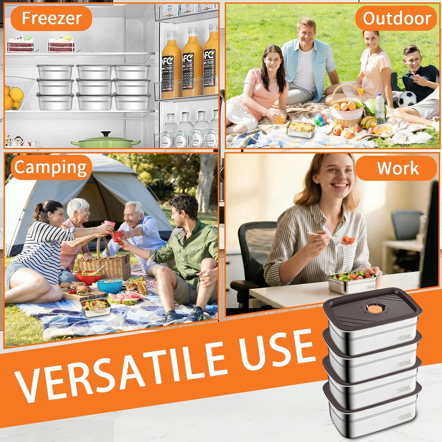 10PCS 50oz Stainless Steel Food Storage Containers with Airtight Lids, 1500ml Reusable Metal Meal Prep Container for Picnic Travel, Stackable Kitchen Lunch Snack Box, Freezer & Dishwasher Safe