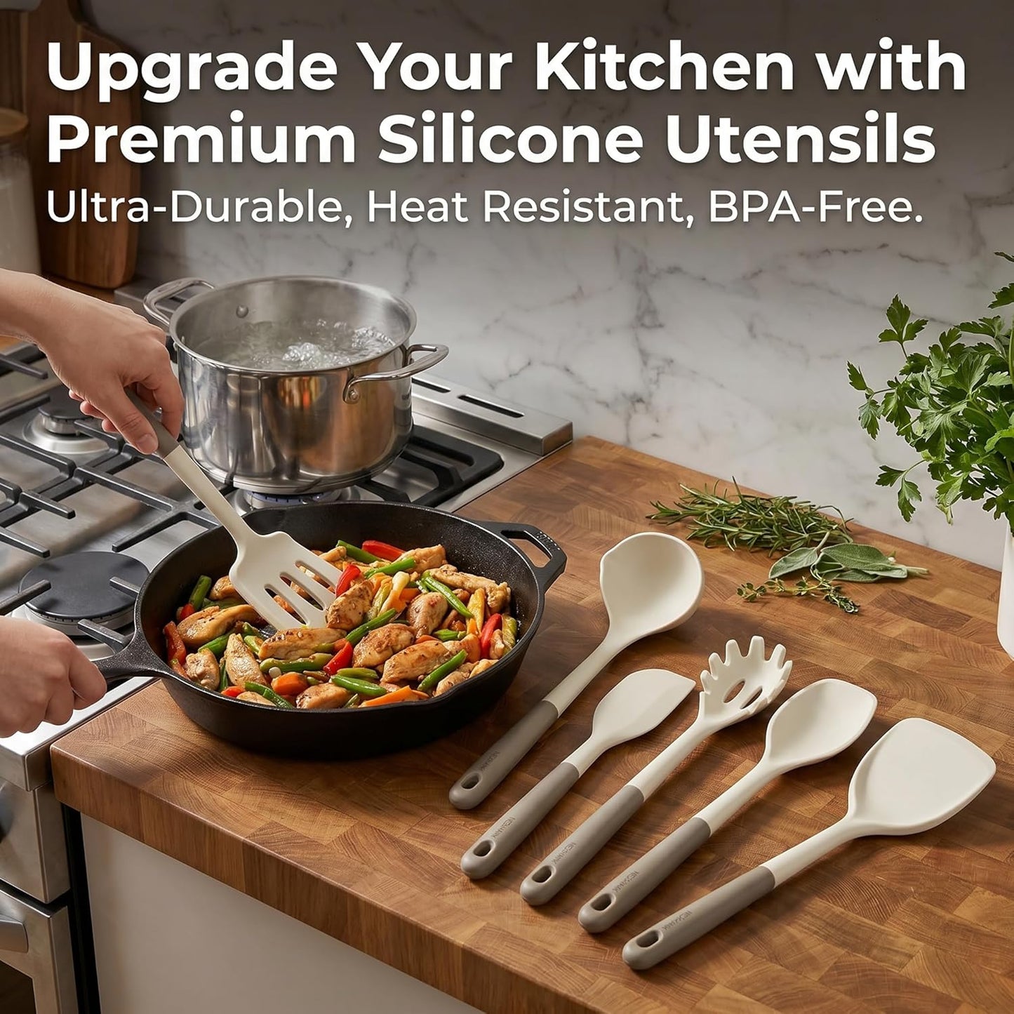 Silicone Kitchen Utensils Set, 6-Piece Premium Food-Grade Silicone Cooking Utensils with Reinforced Core, 500°F Heat Resistant, BPA-Free, Dishwasher Safe Kitchen Tools, Cream White & Mocha