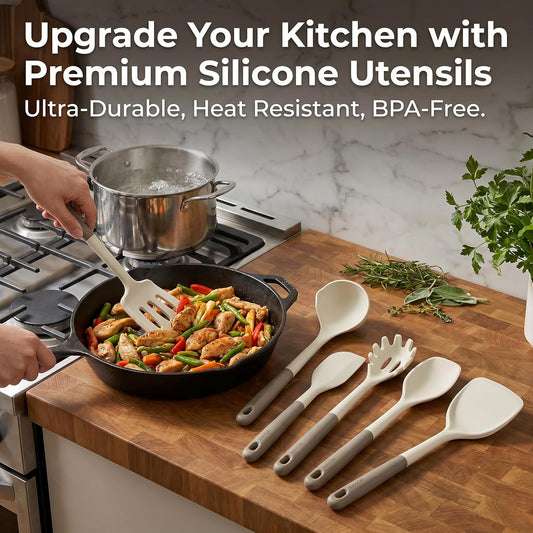 Silicone Kitchen Utensils Set, 6-Piece Premium Food-Grade Silicone Cooking Utensils with Reinforced Core, 500°F Heat Resistant, BPA-Free, Dishwasher Safe Kitchen Tools, Cream White & Mocha