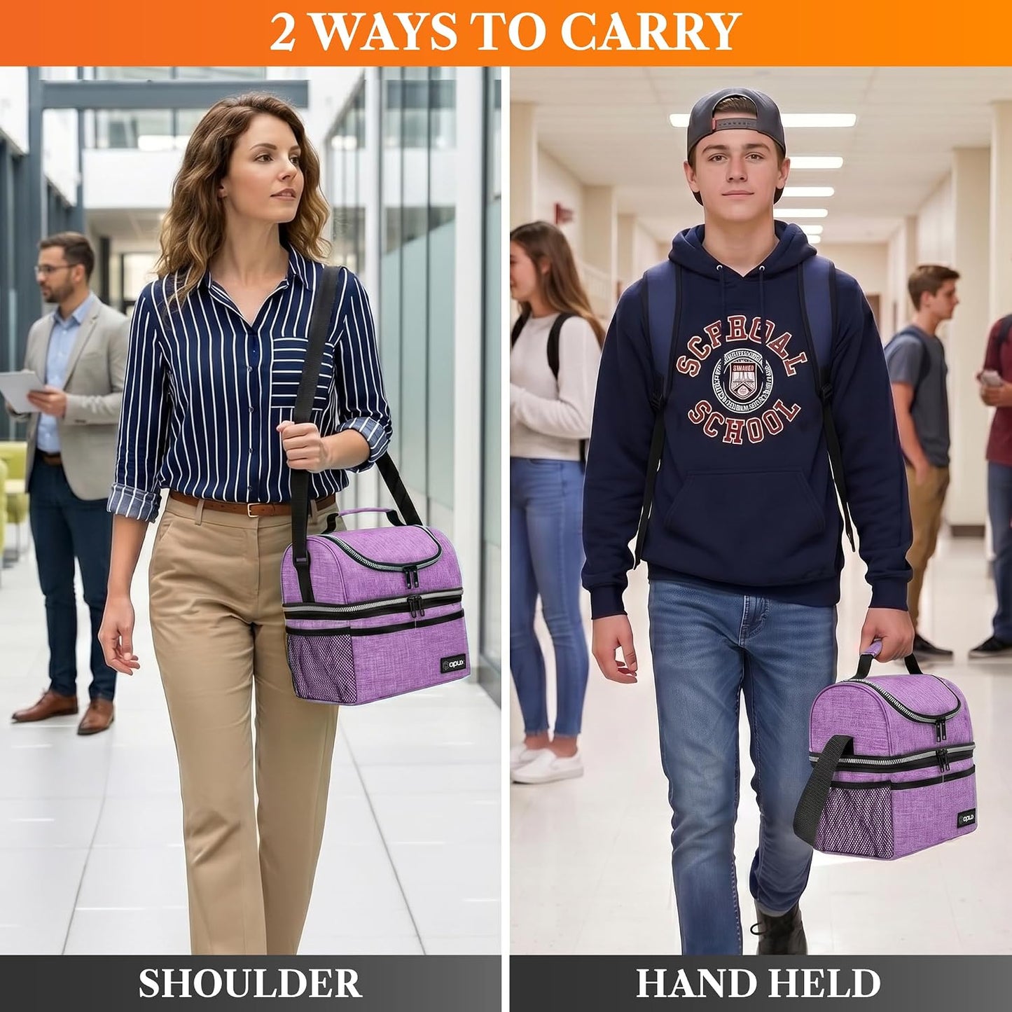 opux Insulated Lunch Bag for Men Women, Double Decker Leakproof Lunch Box Cooler Tote with Shoulder Strap, Large Lunchbox for Work School Travel Meal Prep, Adults Kids Boys Girls, Green, 16 Cans