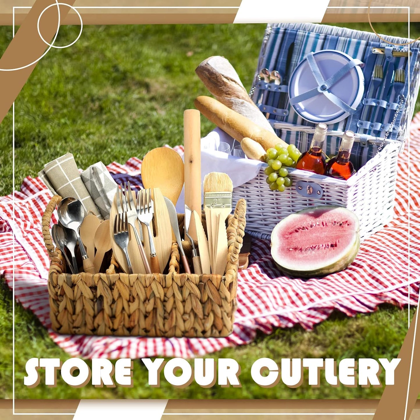 Glenmal Wicker Flatware Storage Basket Utensil Caddy Hand Woven Divided Cutlery Holder Kitchen Utensil Organizer Water Hyacinth Silverware Organizer with Handle for Countertop Party (Rectangular)