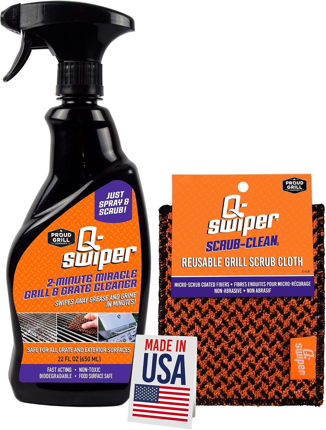 Proud Grill Company Q-Swiper 2-Minute Miracle Grill & Grate Cleaner with Scrub Clean Cloth - Father Day Gifts, Degreaser Spray for BBQ, Oven, Stove, Kitchen Tops & Surfaces, Grate & Grease Remover