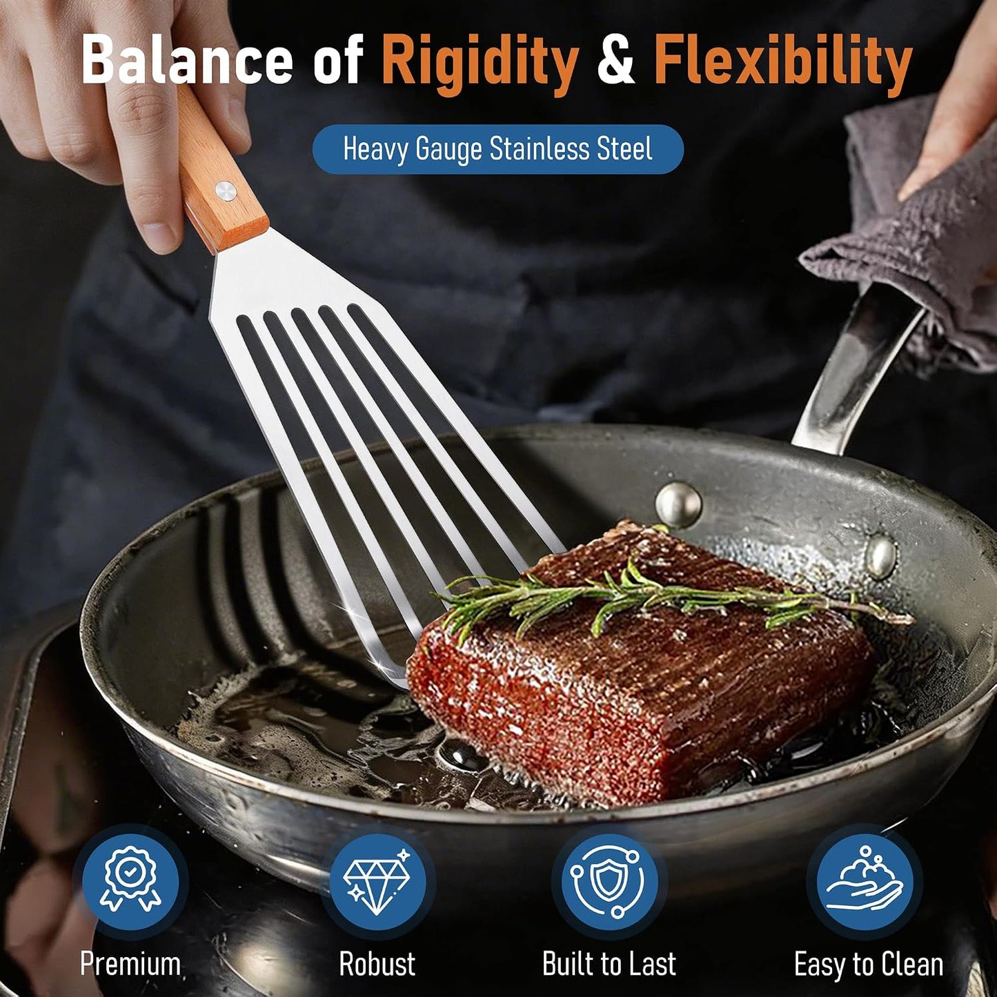 Joyfair Metal Fish Spatulas, 2 Pcs Stainless Steel Turner (ABS Handle) | Flexible Blade, Dishwasher Safe, Slotted Turner Utensil for Kitchen Cooking & Outdoor Griddle Grilling Flipping, Large&Small