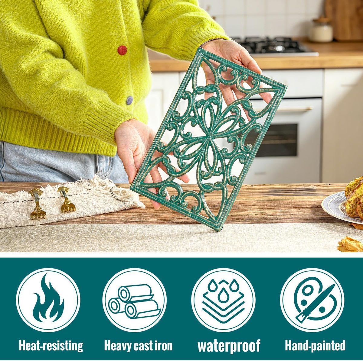 Sungmor 2 Pack Gold Cast Iron Trivets, Rectangle Ornate Scrollwork Trivets