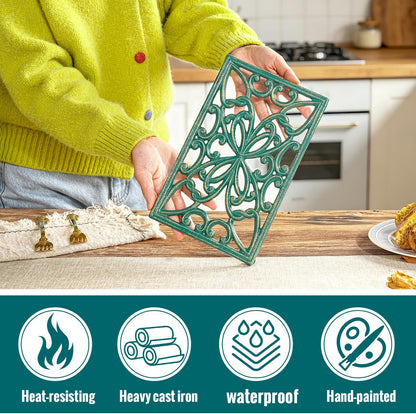 Sungmor 2 Pack Gold Cast Iron Trivets, Rectangle Ornate Scrollwork Trivets