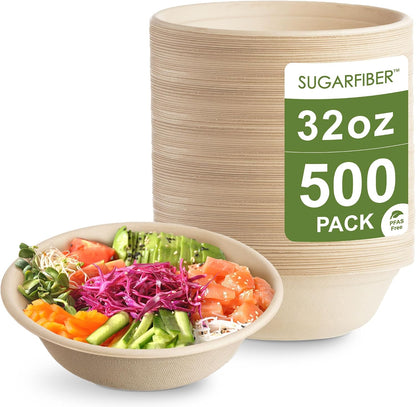 32oz Compostable Paper Bowls Disposable Round Natural Soup Bowls, 50 Count
