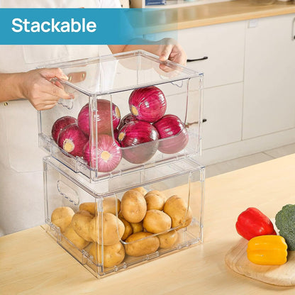 ANUMITRA 2 Pack Large Foldable Open Front Storage Bins with Lids, Stackable Clear Plastic Container Organizer for Pantry, Kitchen, Cabinet, Bathroom, Closet Organizers and Storage