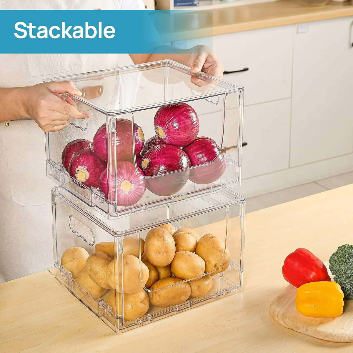 ANUMITRA 2 Pack Large Foldable Open Front Storage Bins with Lids, Stackable Clear Plastic Container Organizer for Pantry, Kitchen, Cabinet, Bathroom, Closet Organizers and Storage