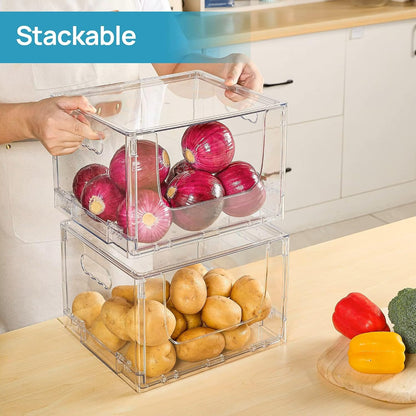 ANUMITRA 2 Pack Large Foldable Open Front Storage Bins with Lids, Stackable Clear Plastic Container Organizer for Pantry, Kitchen, Cabinet, Bathroom, Closet Organizers and Storage