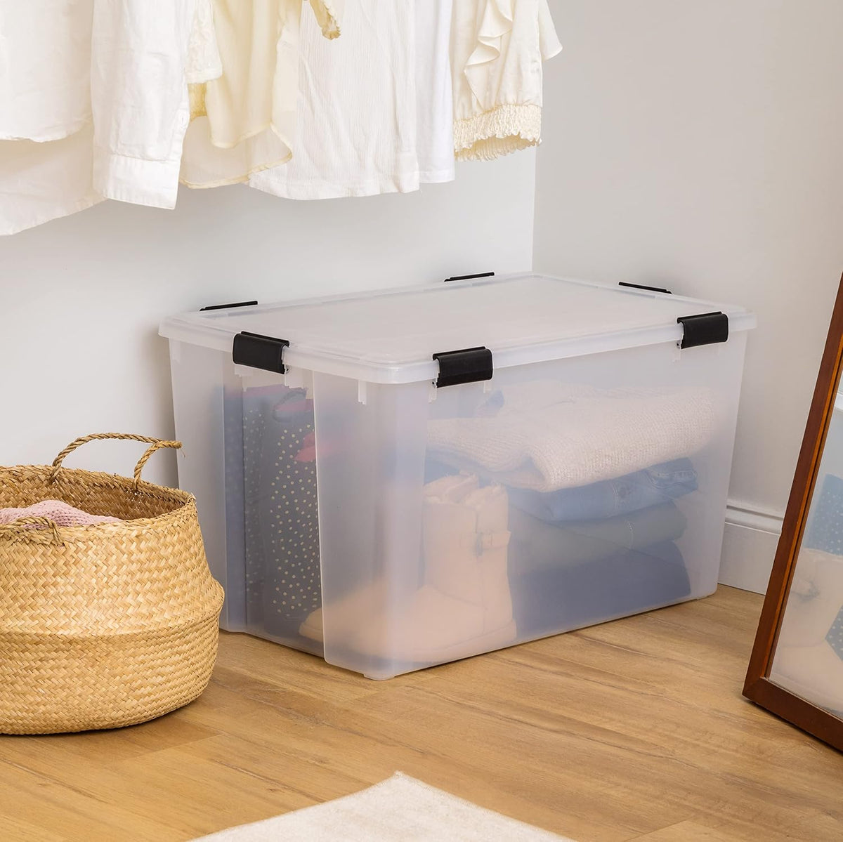 IRIS USA Storage Bins with Lids, WeatherPro Wheeled 106 Qt, Plastic, 3 Pack | Weather-tight gasket, wheels, and secure latches protect camping gear, tools, holiday décor, clothing, and documents.