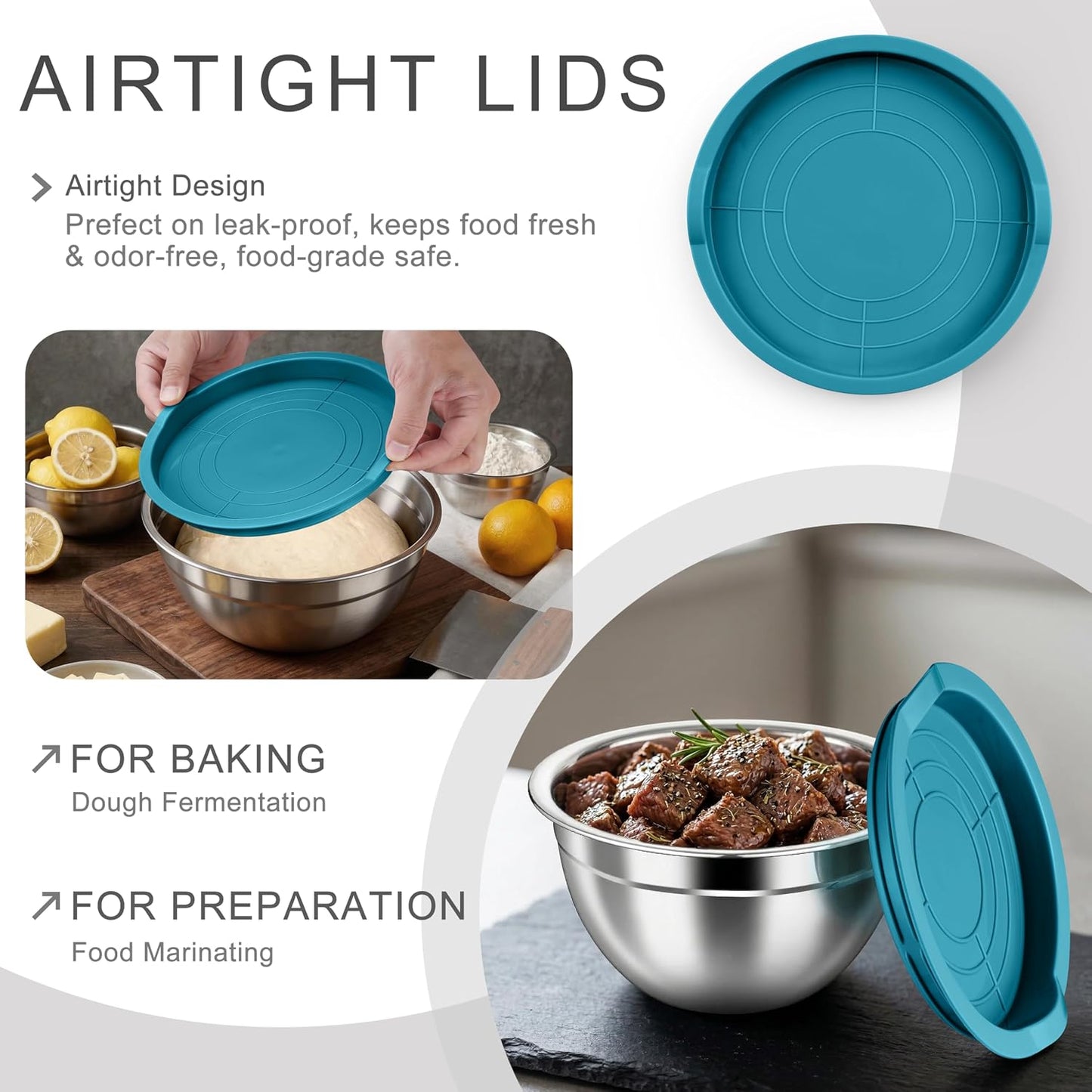 HaWare Mixing Bowls with Airtight Clear Lids, 6-Piece Stainless Steel Strong Nesting Bowls Set, Metal Salad Bowl for Cooking, Prepping, Baking, Serving & Food Storage, Size 4.6, 3, 1.5QT, Khaki