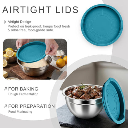 HaWare Mixing Bowls with Airtight Clear Lids, 6-Piece Stainless Steel Strong Nesting Bowls Set, Metal Salad Bowl for Cooking, Prepping, Baking, Serving & Food Storage, Size 4.6, 3, 1.5QT, Khaki