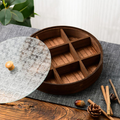 Divided Serving Tray with Glass Lid, Wood Snack Tray Decorative Bowl Dry Fruits Food Organizer for Candy, Fruits, Nuts, Snacks, 30x30x4cm