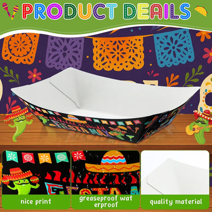 Gejoy 100 Pcs 2 lb Mexican Paper Food Trays Disposable Fiesta Nacho Trays Taco Nights Snack Boats Carnival Food Container Popcorn Holder for Festival Birthday Supplies(Classic)