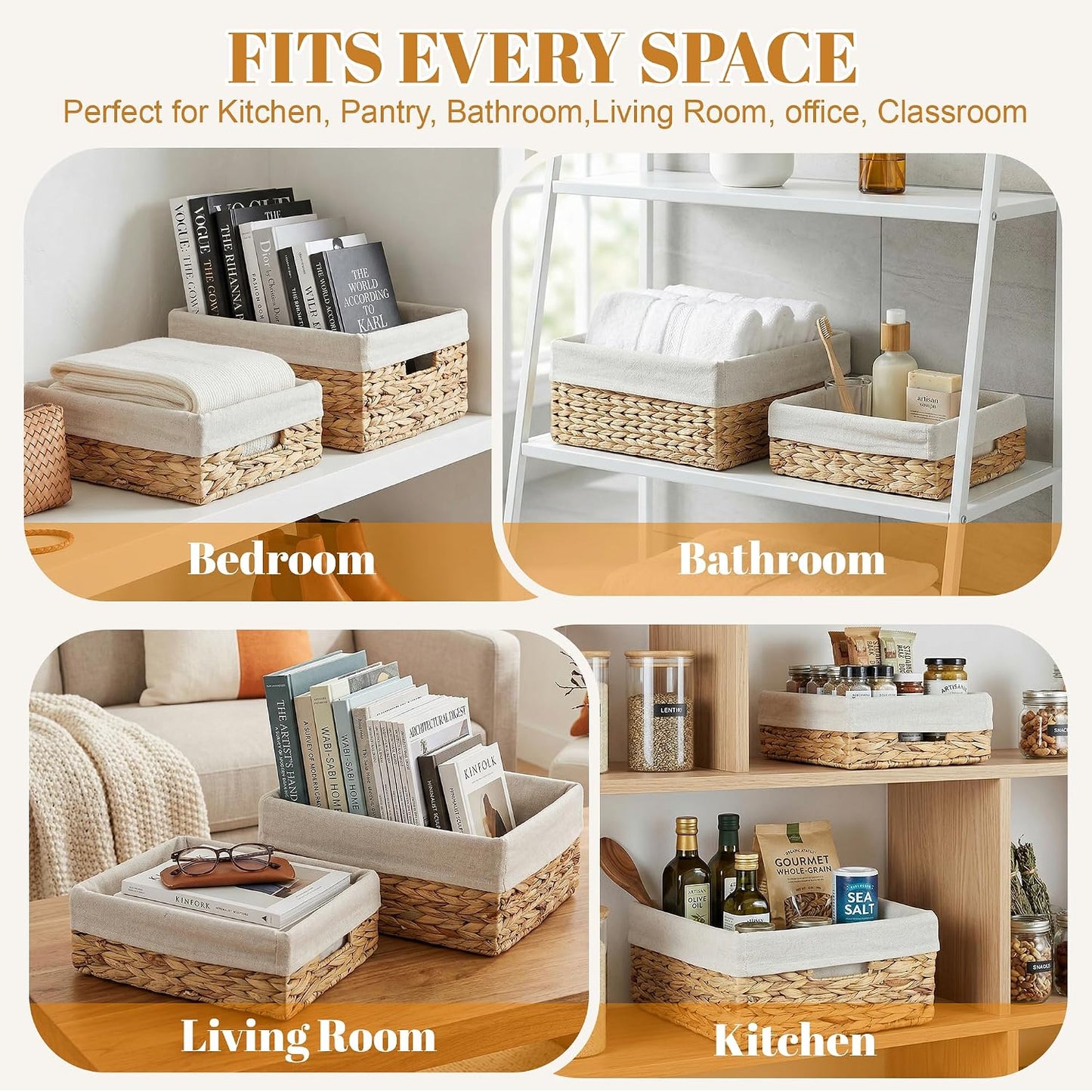 Set of 2 Hyacinth Woven Baskets, Lined Rect Pantry Shelf Storage Organizer | Durable, Long-lasting use, Removable & Washable Liner, Multi-Size Set for Versatile Storage,Two Rectangular Baskets