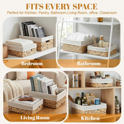 Set of 2 Hyacinth Woven Baskets, Lined Rect Pantry Shelf Storage Organizer | Durable, Long-lasting use, Removable & Washable Liner, Multi-Size Set for Versatile Storage,Two Rectangular Baskets