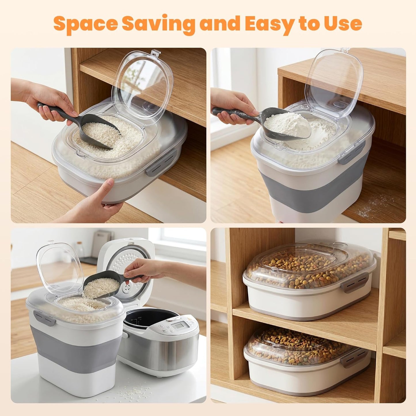 50 Lbs Rice Storage Container with Wheels, Collapsible Airtight Rice Holder with Transparent Lid, Measuring Cup, Scoop, Handle, BPA Free Food Storage Container for Pet Food, Grain, Bird Seed